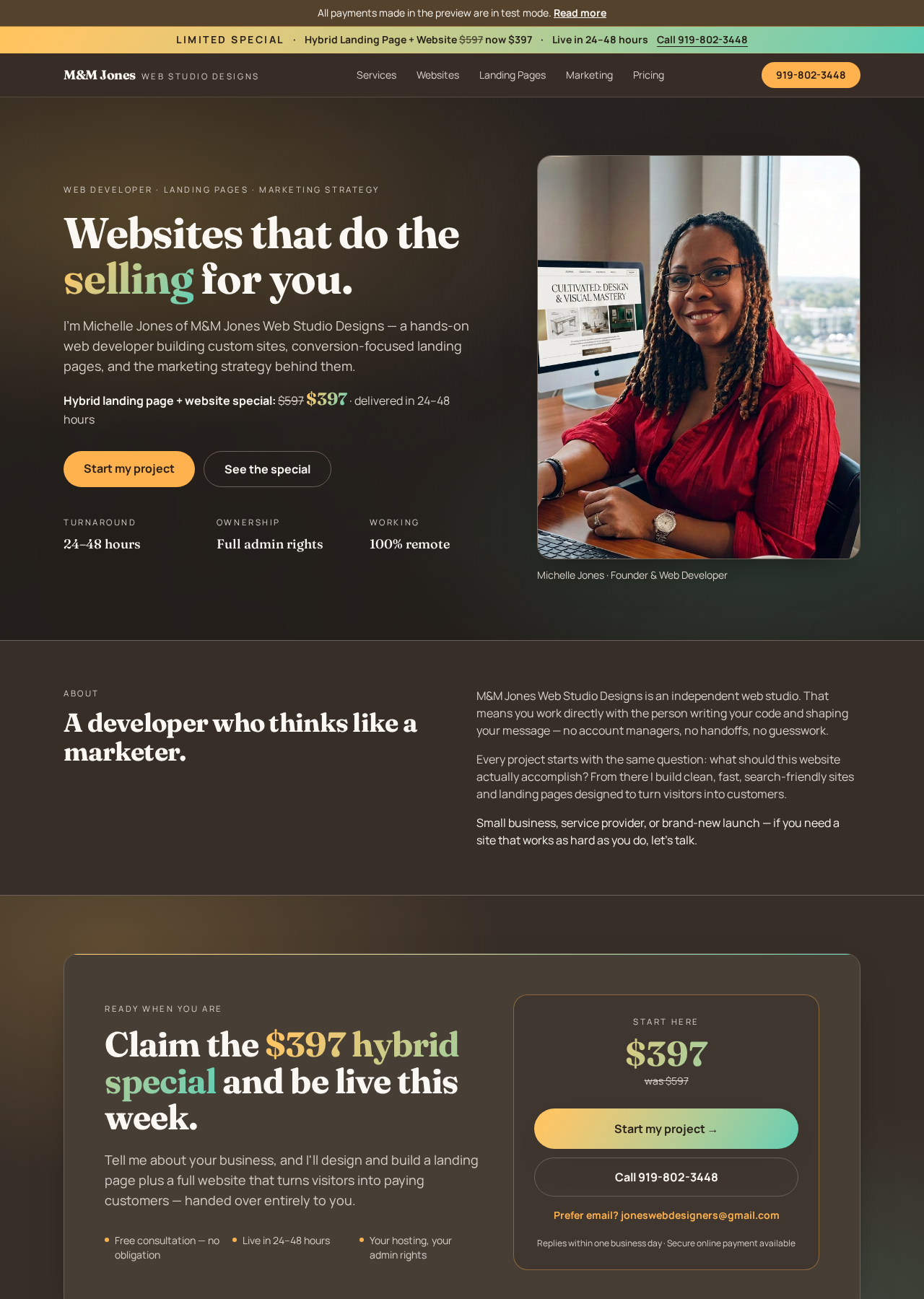 Homepage preview of M&M Jones Web Studio Designs